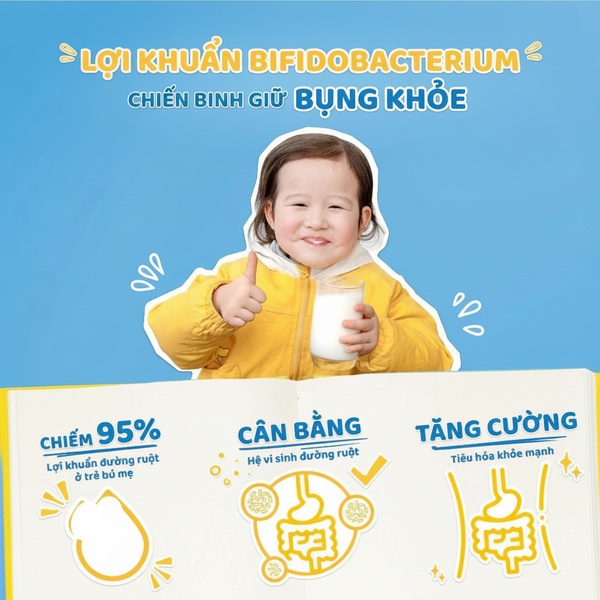 A clean, educational ad creative featuring a happy child and three clear infographic bubbles highlighting probiotic benefits for gut health.